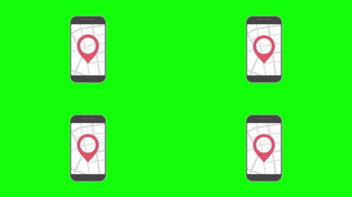 智能手机显示屏上的地理图钉标签。屏幕上有地图的手机。GPS，目的地地图导航位置道路方向和指针。