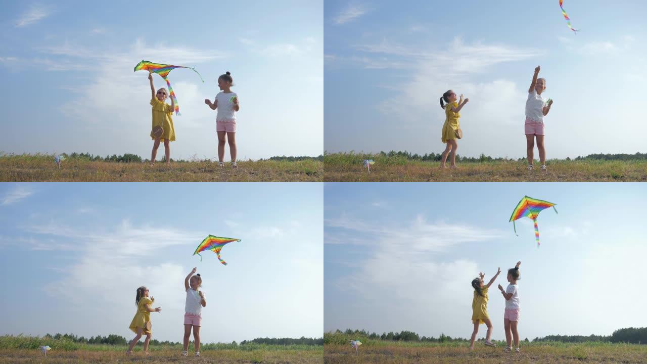 无忧无虑的时光，快乐的孩子们在森林林间空地上玩风筝，在蓝天下自然放松，友谊的概念