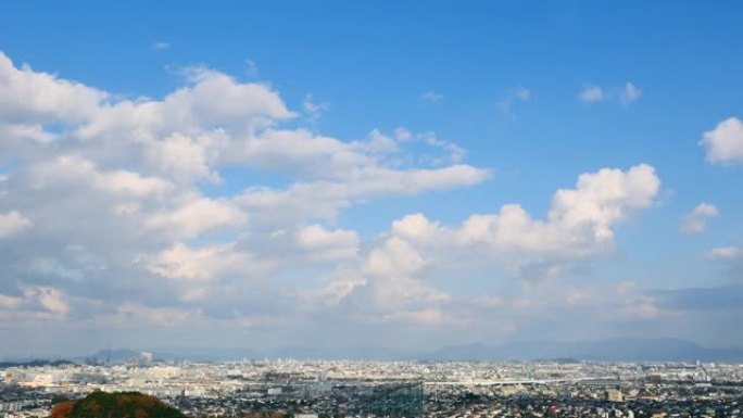 日本福冈市景观蓝天白云流动的云科技城市