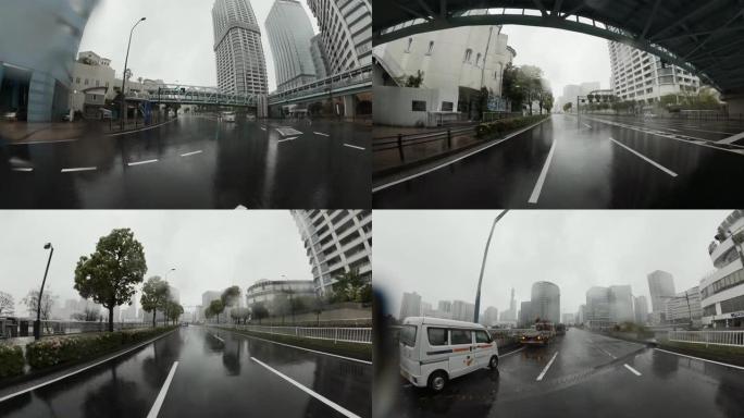 雨天开车。市区多雨，镜头上有雨滴