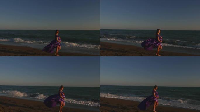 穿着礼服的年轻女子独自在海边行走