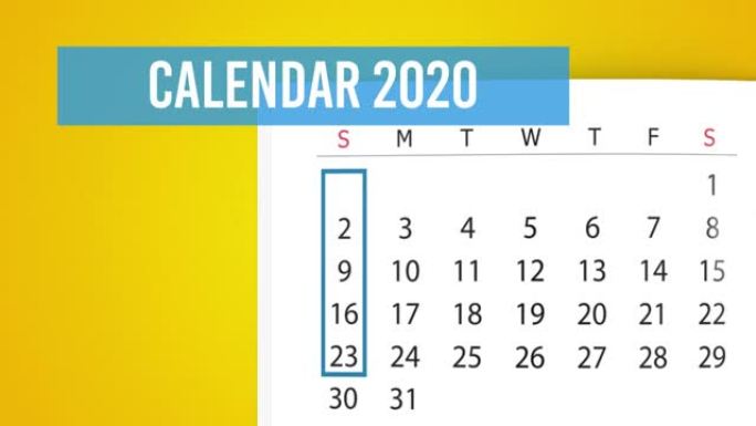 4k分辨率黄色背景下的2020 8月日历翻页动画