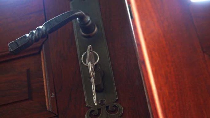 一把带雕花锁的漂亮木门的锁上的钥匙。