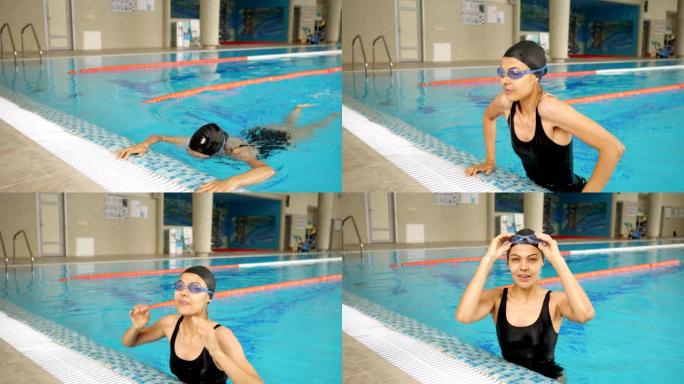 女士游泳前爬到泳池边缘，脱下护目镜