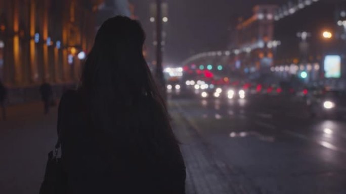 站在高速公路边缘等待运输的长发女人的后视图