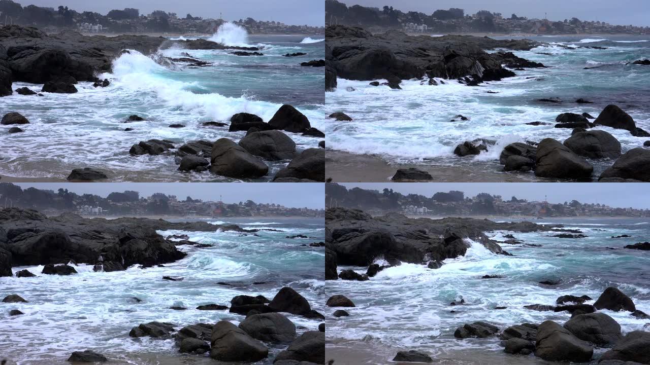 智利昆泰岩石海岸被海浪袭击-中视图