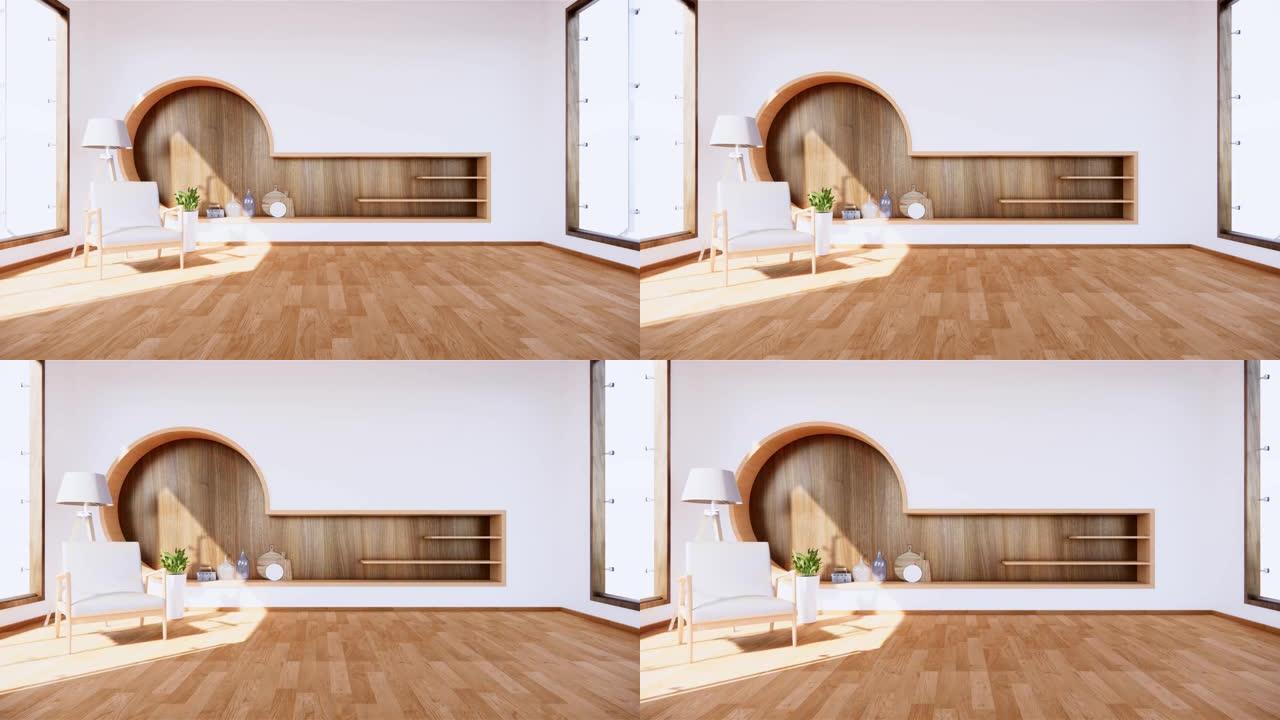 现代空房间中的搁板墙日本最小设计。3D渲染