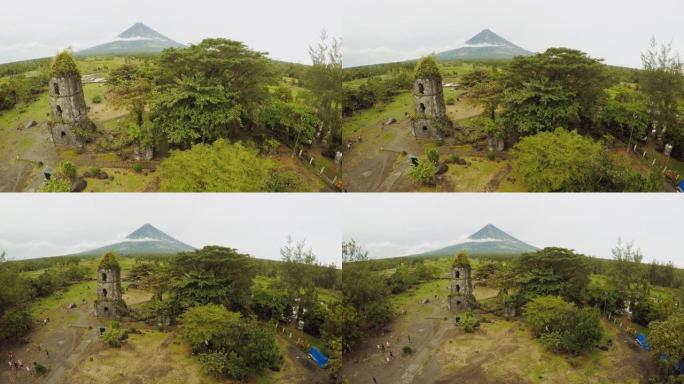 鸟瞰图Cagsawa教堂废墟，背景是马永火山，菲律宾黎牙实比。阴