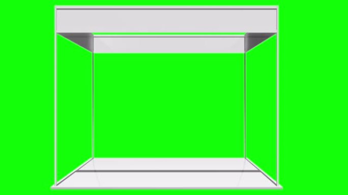 展台白色和空白。带工作路径的空白室内展览。绿屏色度键背景上的3d运动图形。