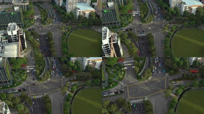 阳光明媚的日落新加坡市市中心交通街十字路口空中全景4k