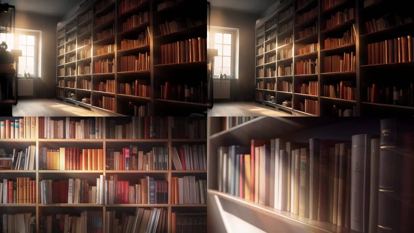 4K光线下的图书馆的书籍