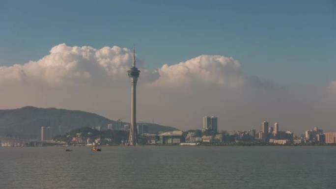 晴天澳门城市湾著名塔全景4k延时中国