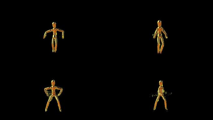 有趣的金色人体模型做摇摆舞，无缝循环，阿尔法通道