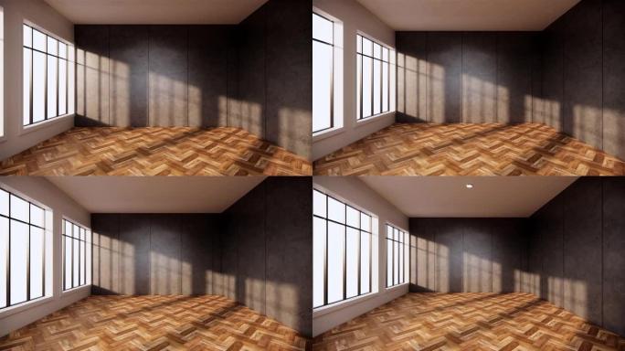木质地板混凝土墙设计的室内阁楼风格。3d渲染