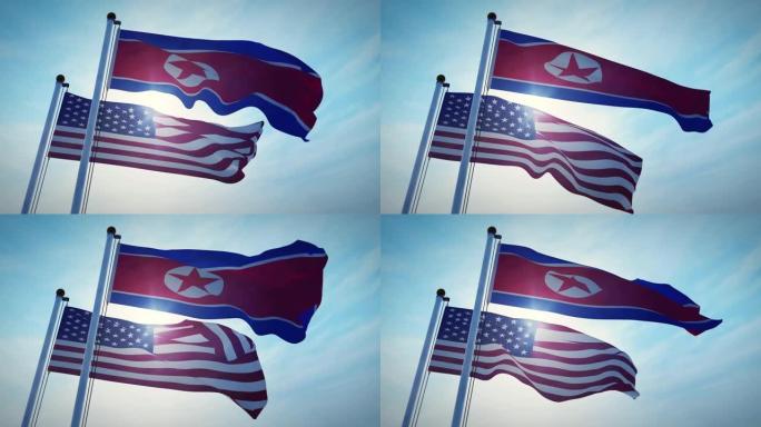 美国国旗和朝鲜国旗描绘了政治危机。