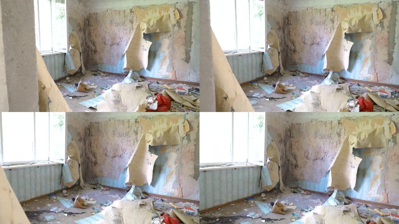 房间墙壁的剥落油漆