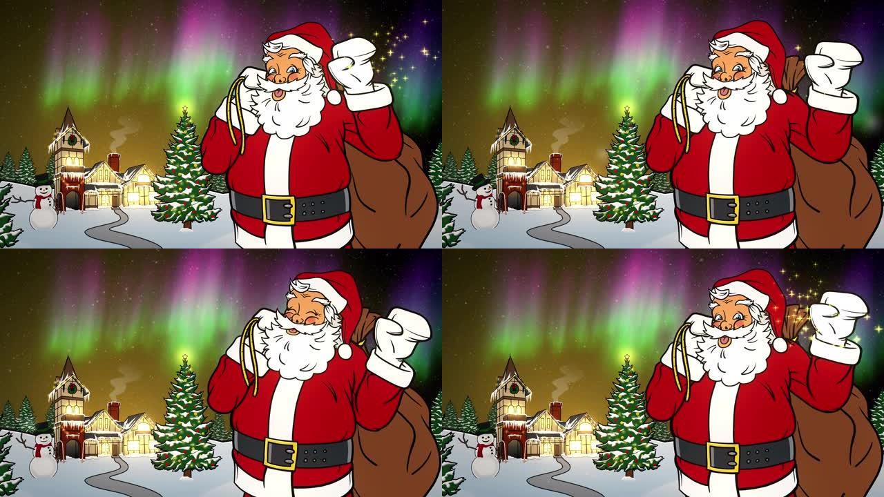 圣诞老人晚上在北极挥手