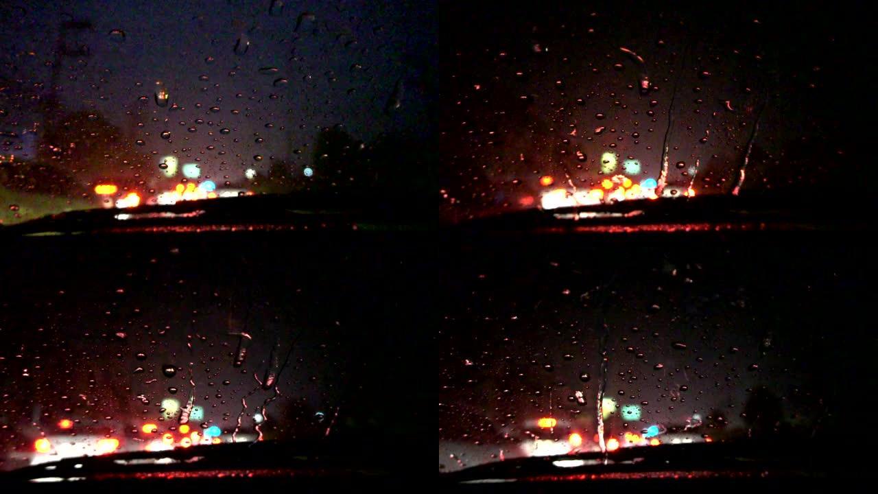 大雨夜间交通夜晚下雨雨夜车窗上雨滴