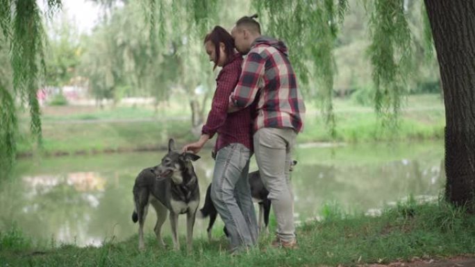 慈爱的高加索夫妻和两只狗站在湖岸上。夏季早晨，快乐的成年男女与家畜一起在户外散步