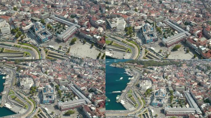 伊斯坦布尔正在建设的新清真寺，毗邻大巴扎，高峰时段汽车交通拥堵，从上方