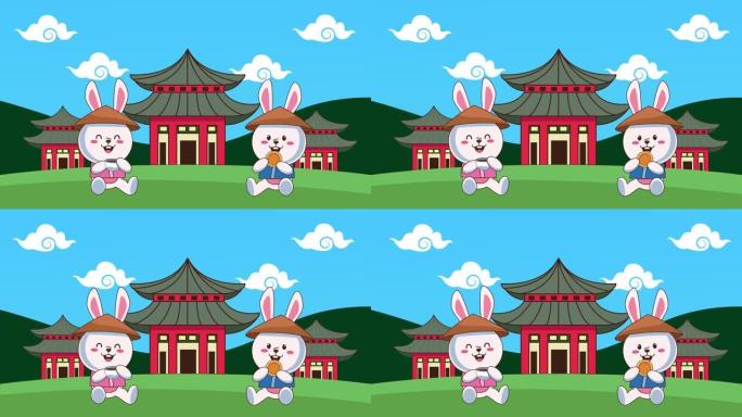 中秋动画与兔子在外地喝茶吃饼干