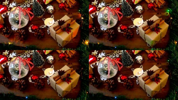 圣诞节和新年背景，包括礼物、灯泡、蜡烛和不同的装饰品。