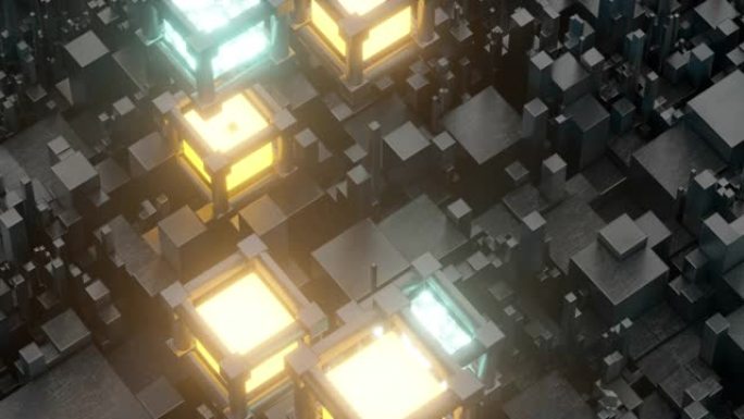 发光的立方体漂浮在黑暗的立方体，3d渲染循环动画。