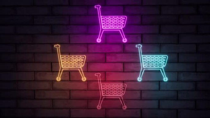 现代霓虹灯购物篮，适合任何用途。网上商店，购物车图标。标志霓虹灯。4k