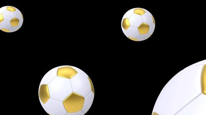现实的金色和白色足球孤立在黑色背景。3d循环动画。