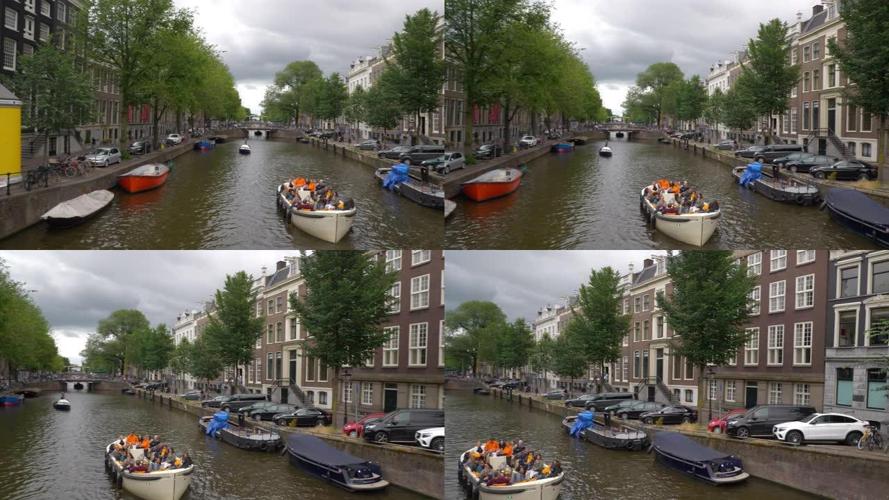 白天阿姆斯特丹市中心著名的交通运河慢动作全景4k荷兰