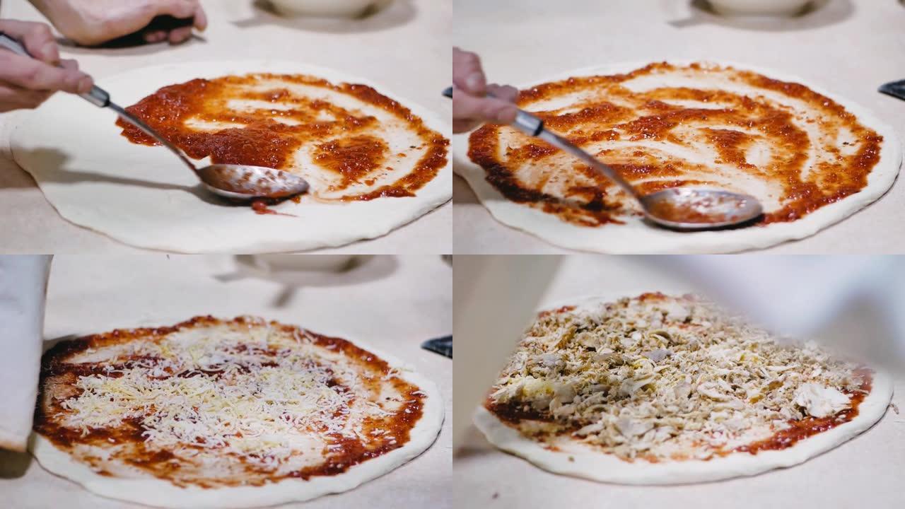 意大利披萨厨师在披萨店的厨房里，在面粉表面形成面团，并用手揉捏。库孔披萨加工