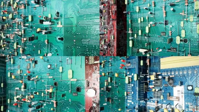 电路板的循环技术背景。电子设备内部是主板的组件: 微电路，晶体管，led，半导体。无缝循环动画。