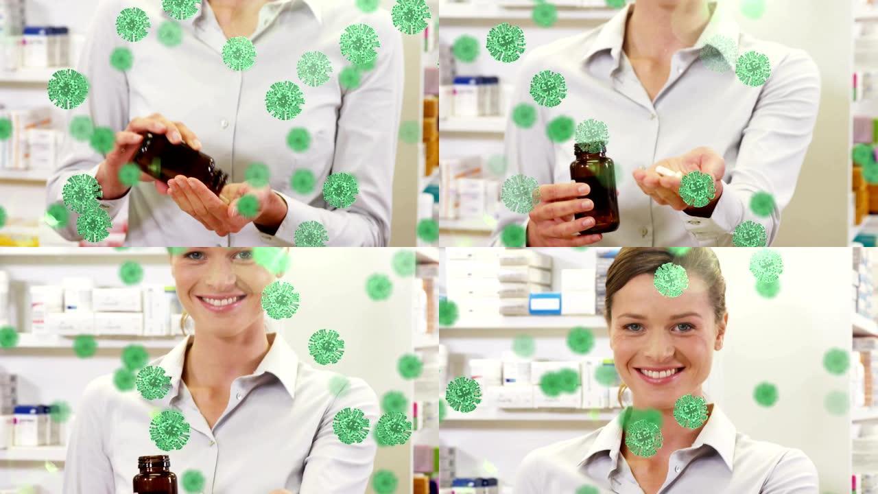 白种人女人微笑着吃药的漂浮微距新型冠状病毒肺炎细胞的动画