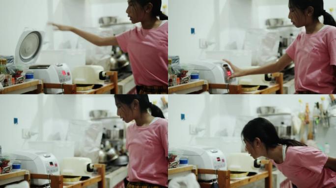 亚洲女孩在厨房煮饭，生活方式理念。