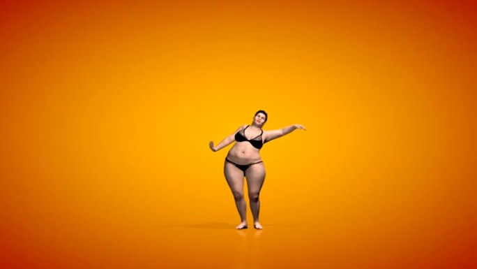 苗条的女人在跳肚皮舞时变胖，无缝循环，橙色工作室