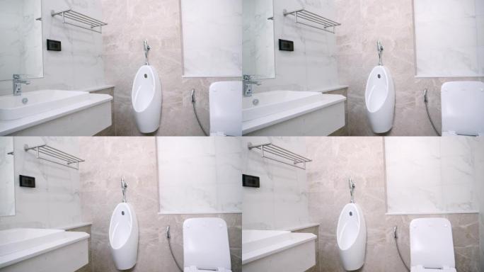 现代设计家用浴室白色洁具在浴室。在建