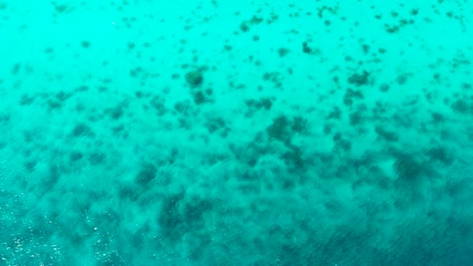 珊瑚泻湖，顶视图。完美晶莹剔透的蓝色绿松石水的航拍画面