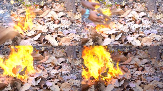 慢动作火火焰在山上的森林中燃烧干燥的叶子，火焰燃烧成高温和高温，消防员使用破坏火燃料的工具，对山区和