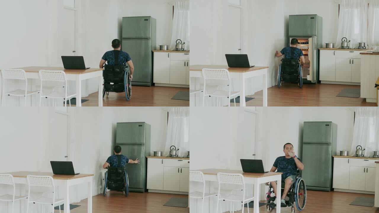 坐在轮椅上的泰国男子在家工作时感到口渴