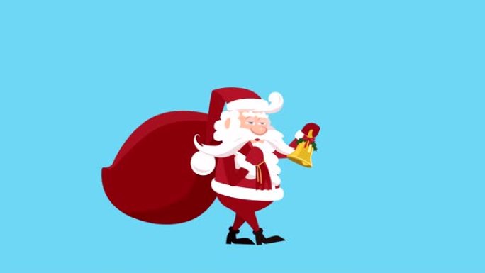 卡通小圣诞老人扁平人物，带礼品袋和圣诞铃铛步行自行车动画