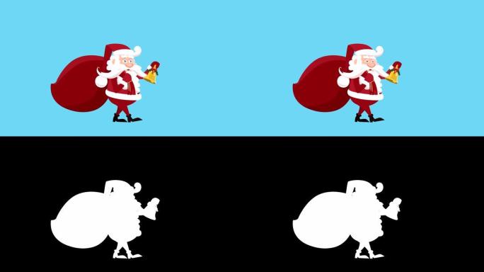 卡通小圣诞老人扁平人物，带礼品袋和圣诞铃铛步行自行车动画