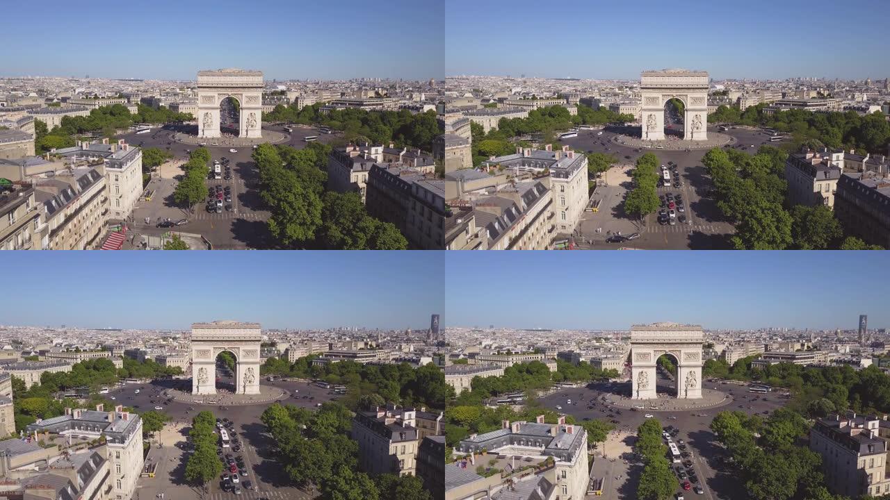 阳光明媚的夏日巴黎市著名的凯旋空中全景4k延时法国