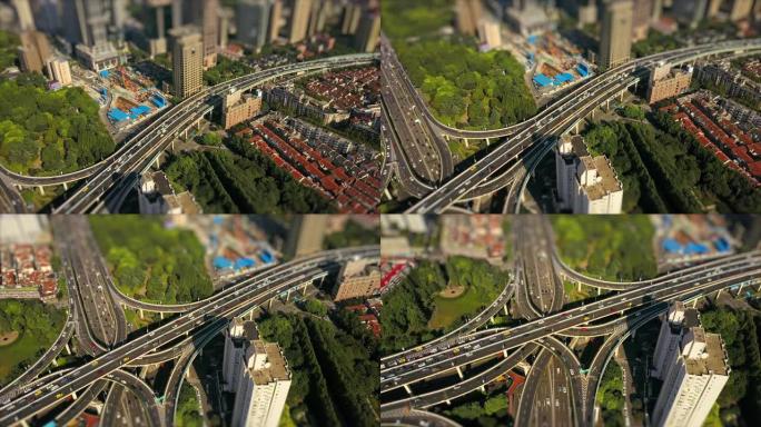 上海城市晴天著名交通路口鸟瞰图4k倾斜移位中国