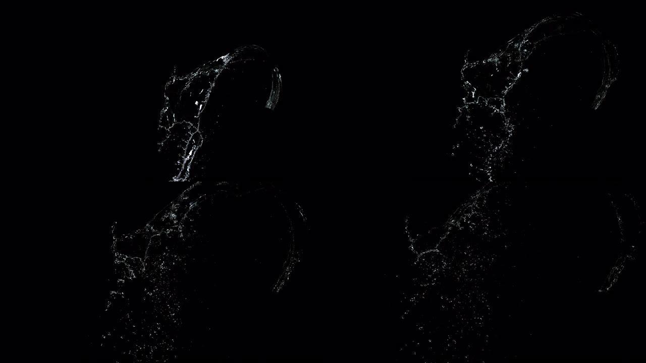 黑色背景下的水喷出，慢动作4K