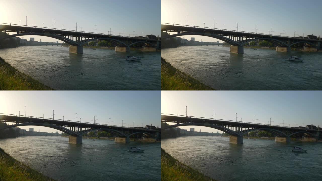 日落时间巴塞尔城市河畔交通桥慢动作全景4k瑞士