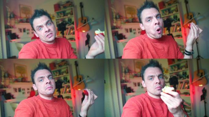 博客作者吃苹果，谈论美食话题。