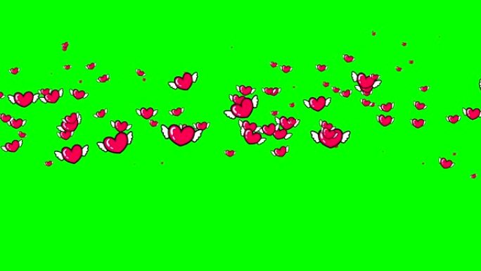 绿色屏幕背景上的红色心形符号与无缝循环中的机翼飞行动画