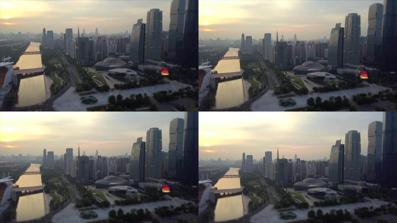 日落广州市中心歌剧院海心沙岛空中全景倾斜移动4k中国