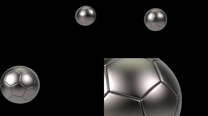 现实的金属铁足球孤立在黑色背景。3d循环动画。