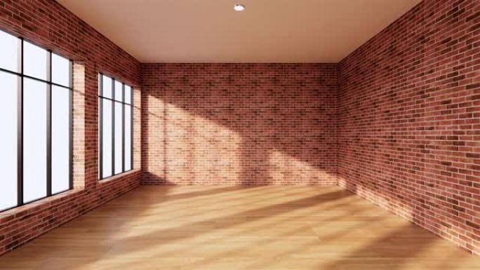 木地板上的空砖墙背景。3D渲染